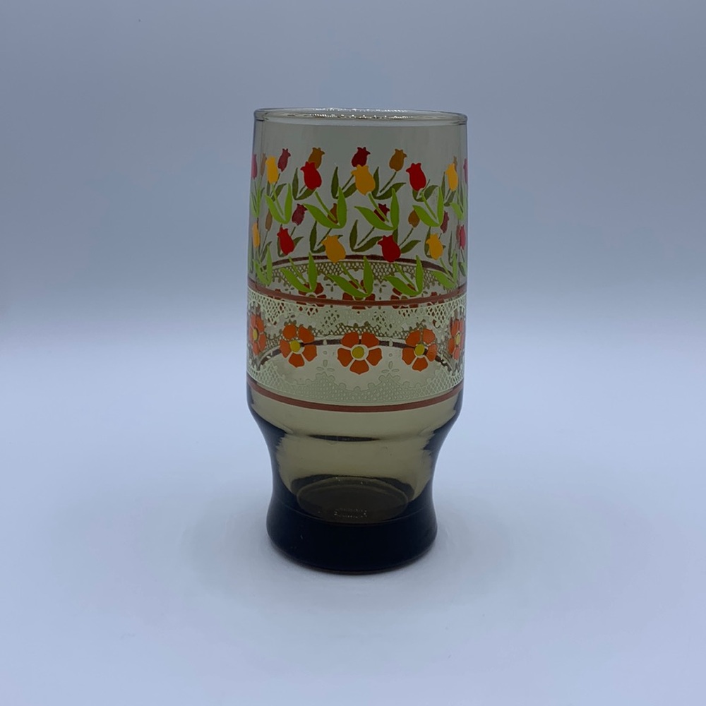 Vintage Libbey Smokey Brown Glass Daisies Lace Tulips Replacement Ice Tea Glass
